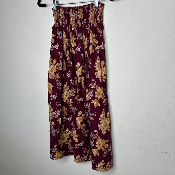 Natural Life Meadow Maroon Gold Tan Floral Smocked Waist Midi Skirt XS / S - Picture 4 of 13
